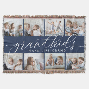 Navy Grandkids Make Life Grand Photo Collage Throw Blanket