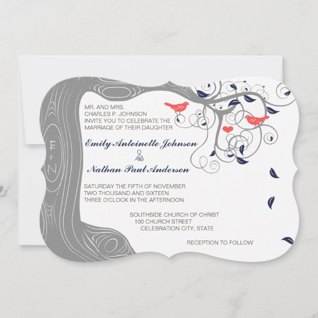 Navy Gray and Coral Initials in Trunk Love Bird Invitation (Front)