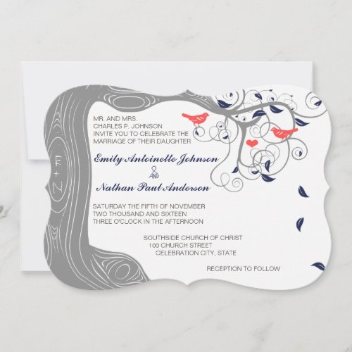 Navy Gray and Coral Initials in Trunk Love Bird Invitation