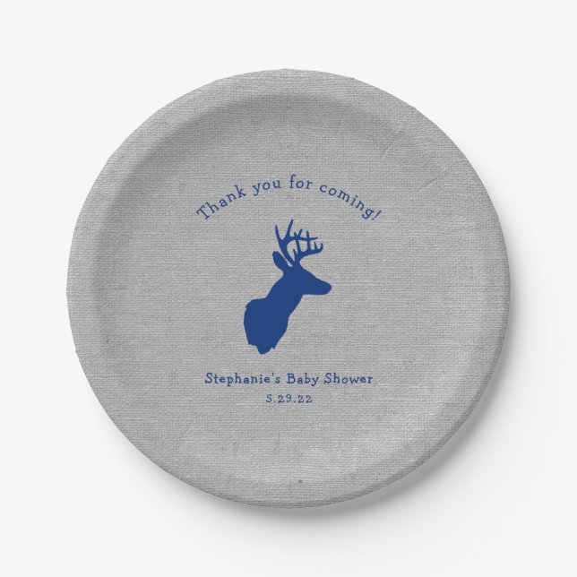 Navy Gray Buck baby shower decor, oh deer Paper Plates (Front)