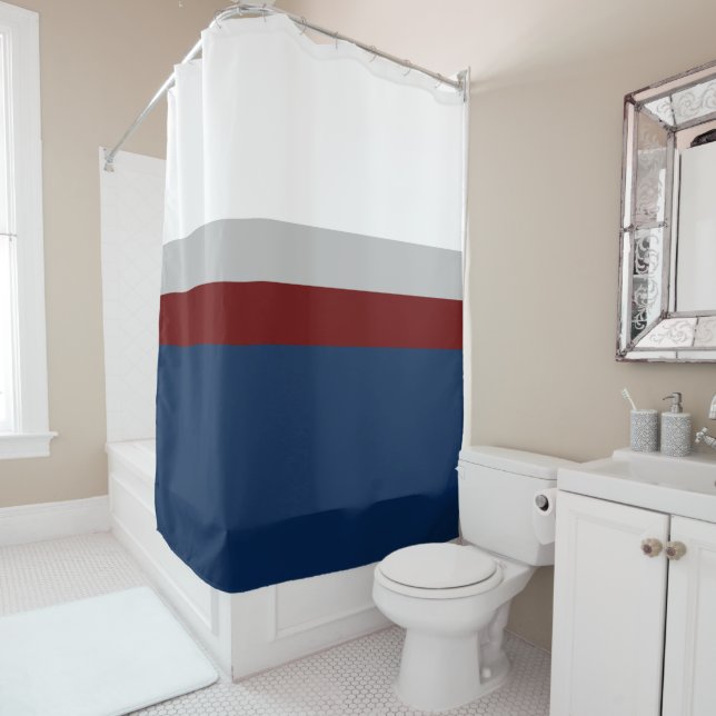 Navy, Gray Burgundy Colorblock Shower Curtain (In Situ)