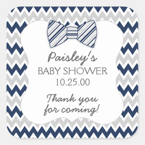 Navy Gray Chevron bow tie boy baby shower favor Square Sticker