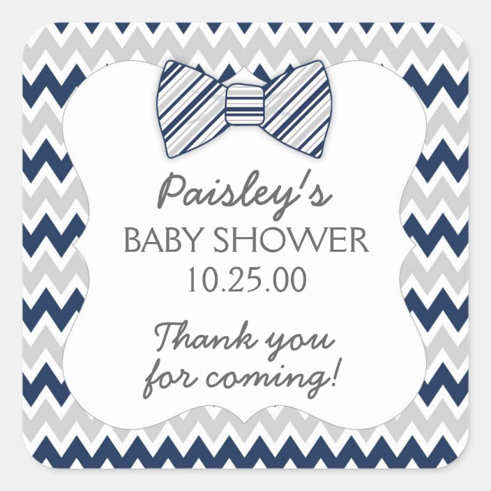 Navy Gray Chevron Bow Tie Boy Baby Shower Favor Square Sticker