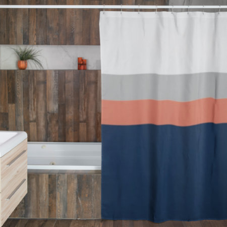 Navy, Gray Coral Colorblock Stripes Shower Curtain