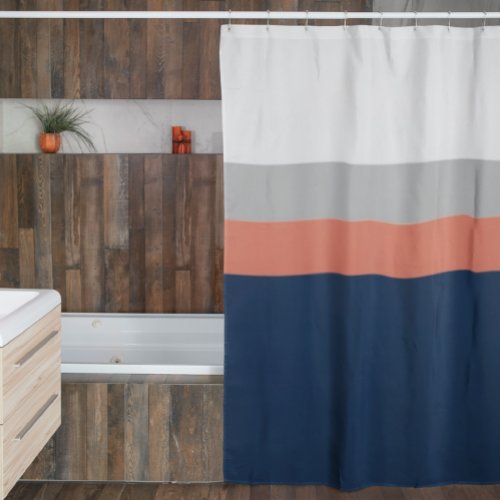 Navy Gray Coral Colorblock Stripes Shower Curtain