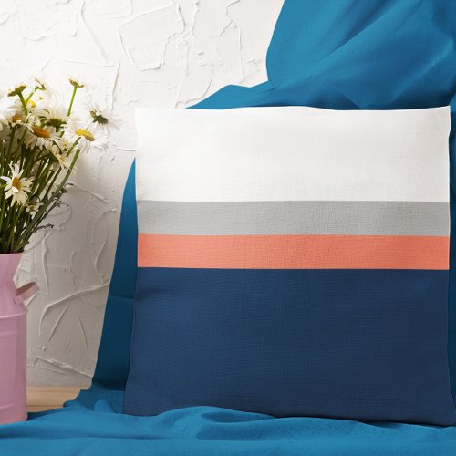 Navy Gray Coral Colorblock Stripes Throw Pillow