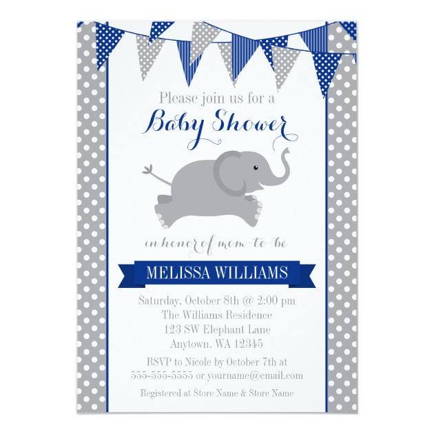 Navy Gray Elephant Polka Dot Bunting Baby Shower Invitation