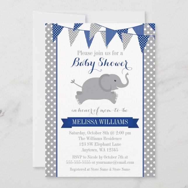 Navy Gray Elephant Polka Dot Bunting Baby Shower Invitation (Front)