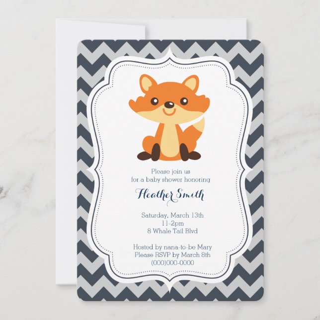 Navy Gray Fox Baby Shower Invitation (Front)