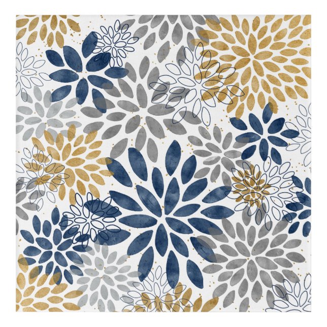Navy Gray Gold Dahlia Blooms Acrylic Print (Front)