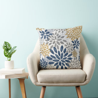 Navy Gray Gold Dahlia Blooms Throw Pillow
