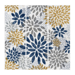 Navy Gray Gold Dahlia Blooms Triptych