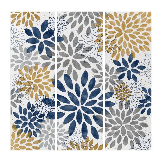 Navy Gray Gold Dahlia Blooms Triptych (Front)