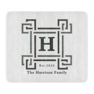 Navy Gray Greek Key Monogram Family Crest Cutting Board