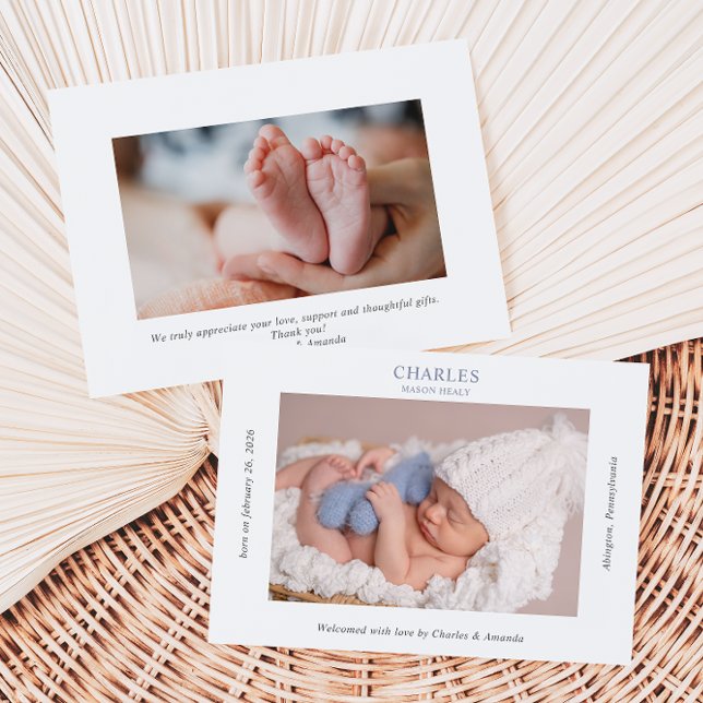 Navy Gray Minimalist Photo Baby Announcement Card (Creator Uploaded)