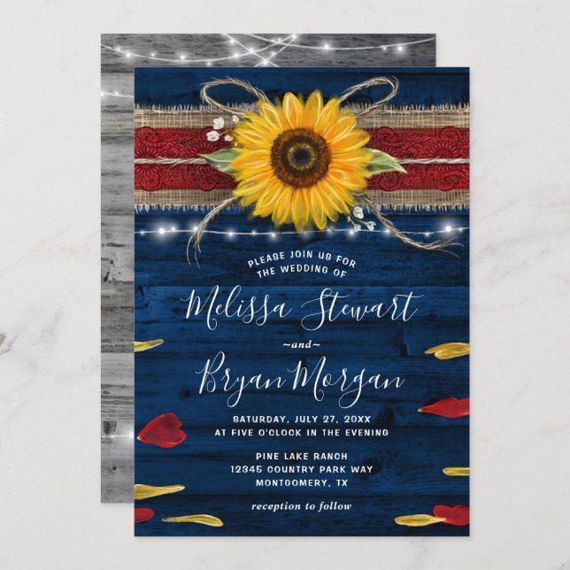 Navy Gray Red Rose Sunflower Rustic Wood Wedding Invitation (Front/Back)