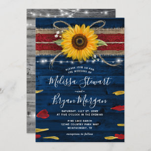 Navy Gray Red Rose Sunflower Rustic Wood Wedding Invitation