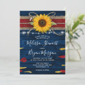 Navy Gray Red Rose Sunflower Rustic Wood Wedding Invitation (Standing Front)