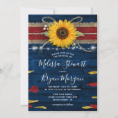 Navy Gray Red Rose Sunflower Rustic Wood Wedding Invitation (Front)