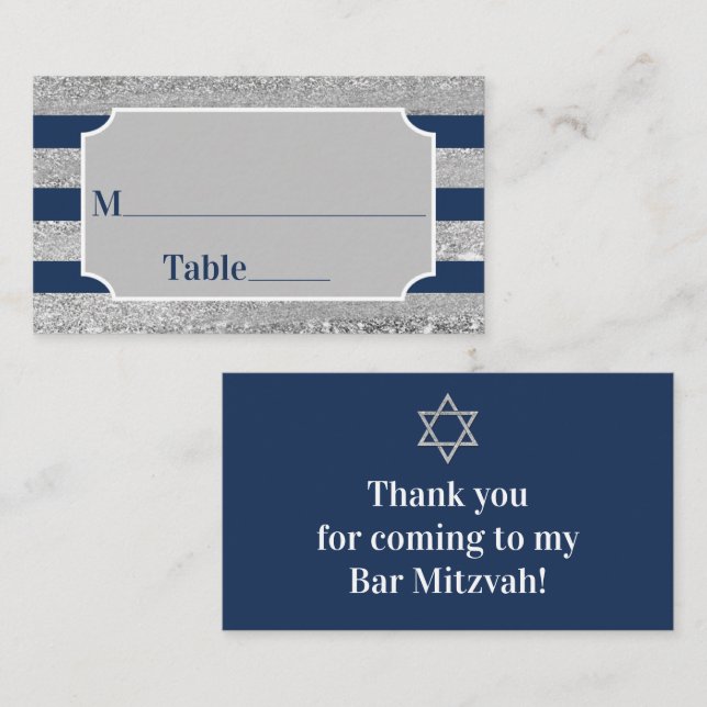 Navy, Gray Stripes Bar Mitzvah Place Card (Front/Back)