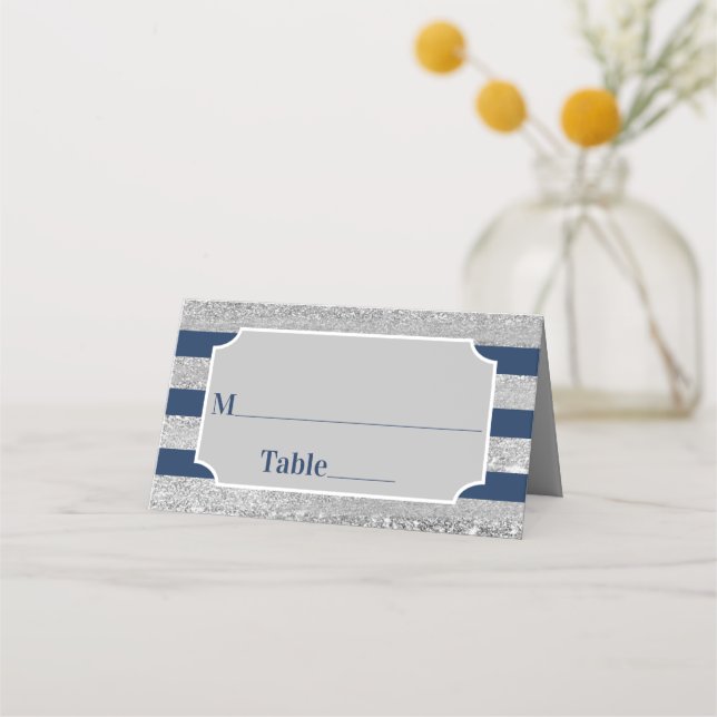 Navy, Gray Stripes Bar Mitzvah Place Card (Front)