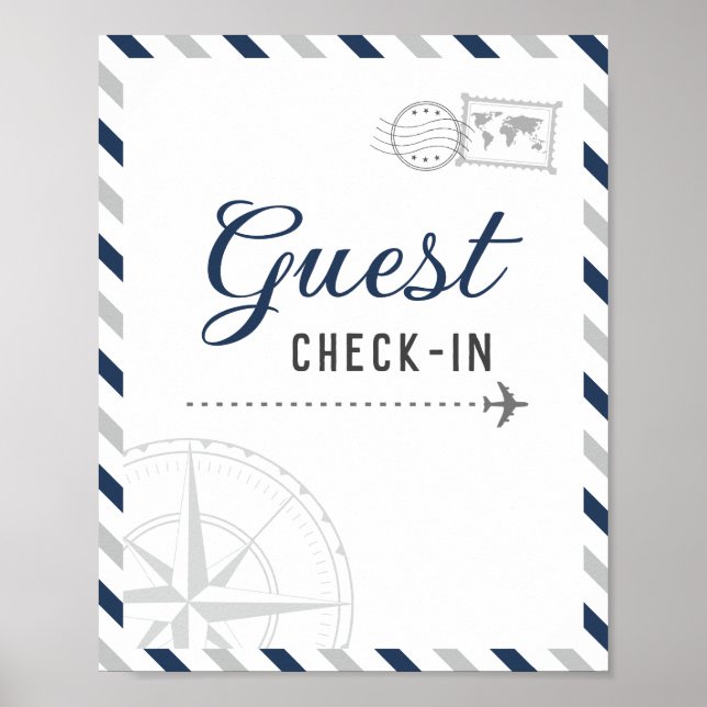 Navy Gray Travel Airplane Guest Check-in Welcome Poster (Front)