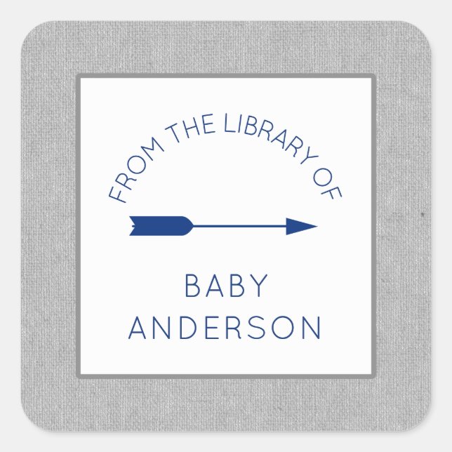 Navy Gray Tribal Arrow baby shower bookplate, Square Sticker (Front)