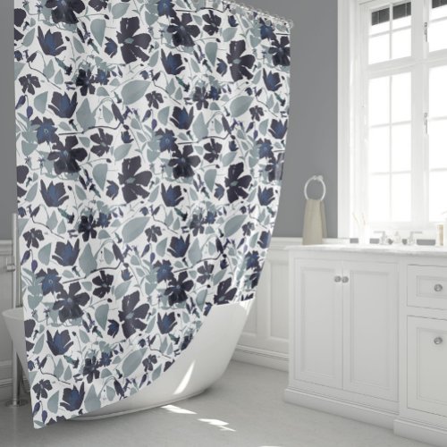 Navy Gray Watercolor Clematis Floral Pattern Shower Curtain