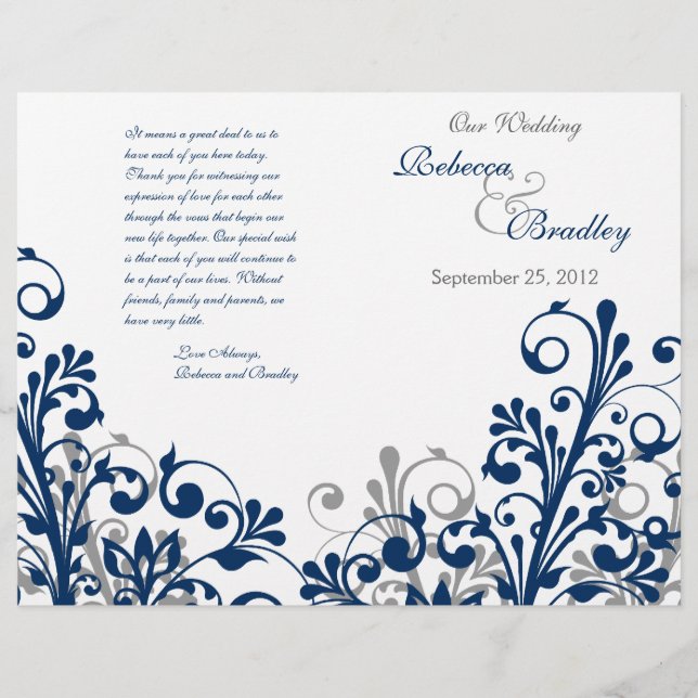 navy gray white abstract floral wedding program (Front)