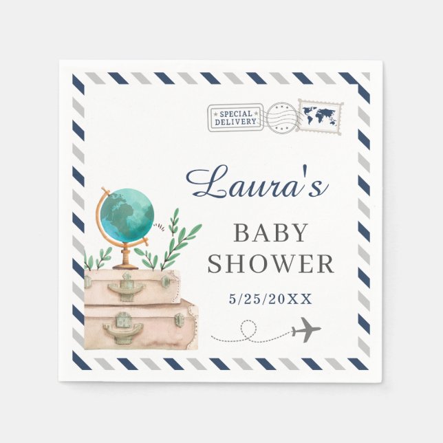 Navy Gray World Travel Airplane Baby Boy Shower Napkins (Front)