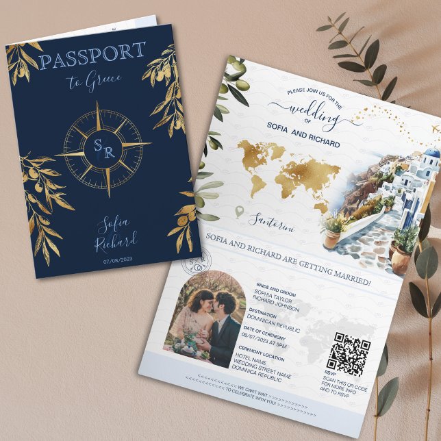 Navy Greece Destination Wedding Passport QR Code  Invitation (Creator Uploaded)