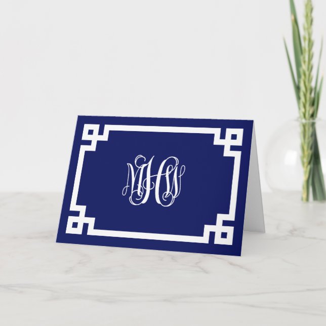 Navy Greek Key #2 Framed 3 Init Vine Monogram Note Card (Front)
