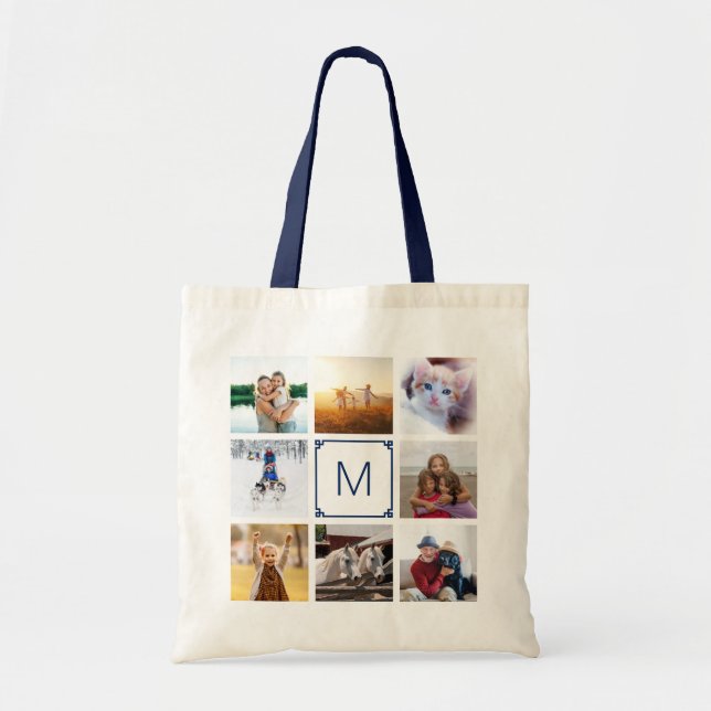 Navy Greek Key Monogram 8 Photo Collage Tote Bag (Front)