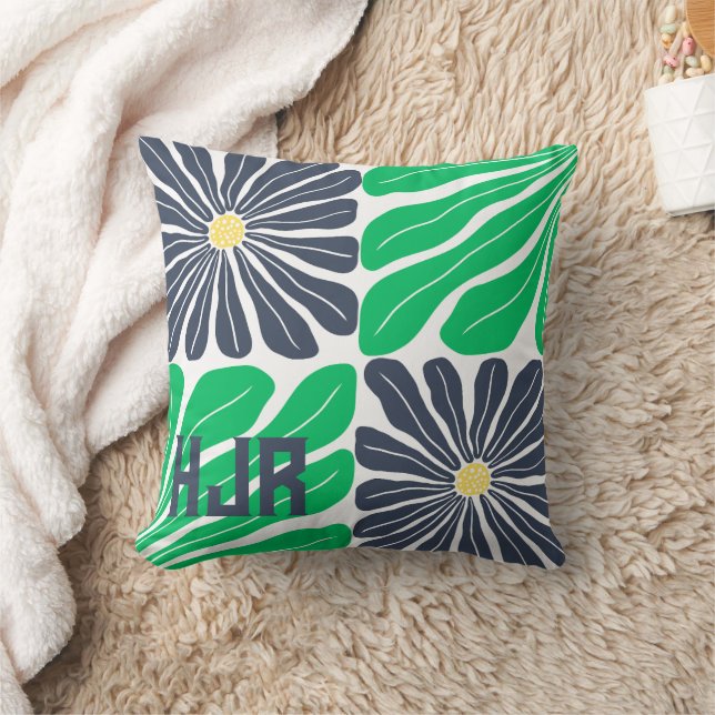 Navy Green Abstract Floral Monogram Throw Pillow (Blanket)