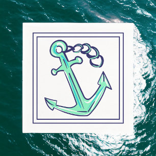 Navy Green Anchor Nautical Coastal Napkins