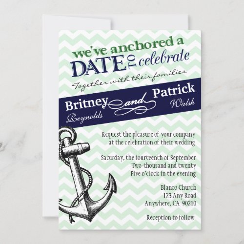Navy &amp; Green Anchor Nautical Wedding Invitations