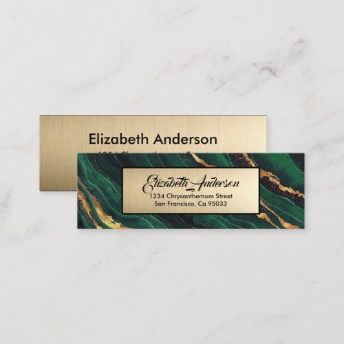 Navy Green and Gold Glitter Marble Agate Modern  Mini Business Card