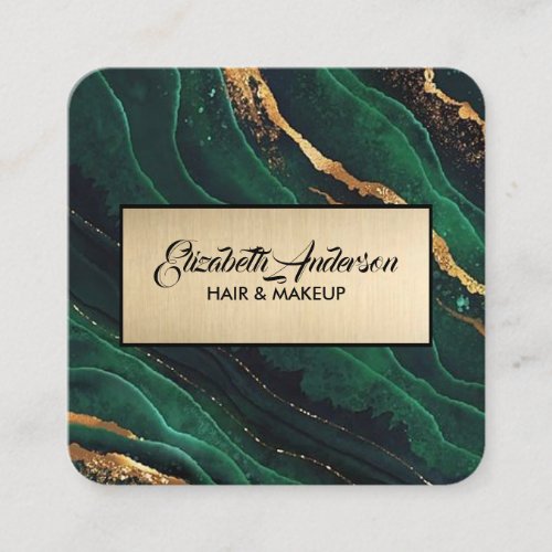 Navy Green and Gold Glitter Marble Agate Modern  Square Business Card