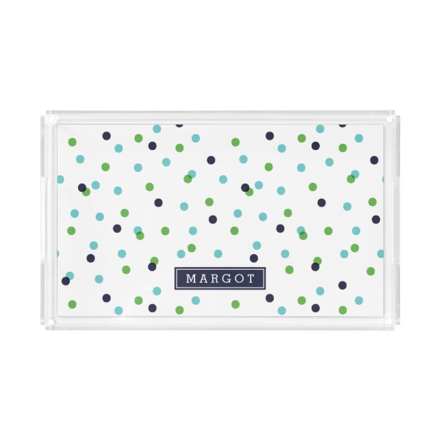 Navy Green and Turquoise Confetti Dots Monogram Acrylic Tray (Front)