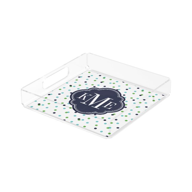 Navy Green and Turquoise Confetti Dots Monogram Acrylic Tray (Angled)