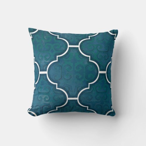 Navy Green Arabesque Scroll Pattern Moroccan Tile Throw Pillow