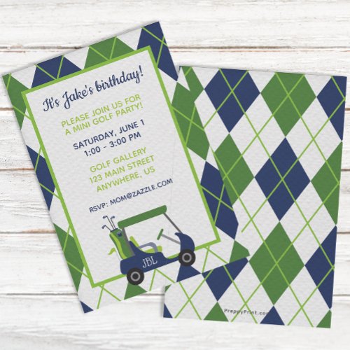 Navy  Green Argyle Golf Party Invitations