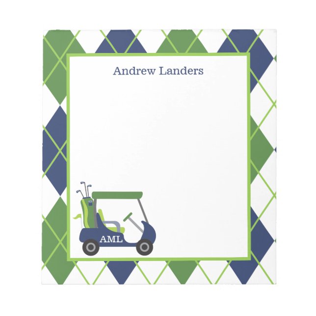 Navy & Green Argyle Golf Personalized Notepad (Front)