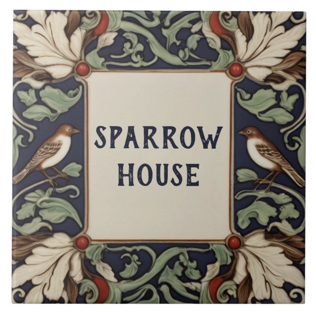 Navy Green Bird House Name Plaque Plate Sign Ceramic Tile (Front)