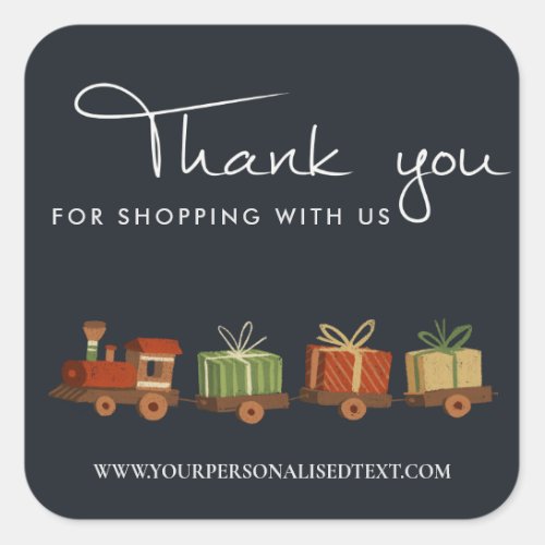 NAVY GREEN CHRISTMAS GIFT WOOD TOY TRAIN THANK YOU SQUARE STICKER