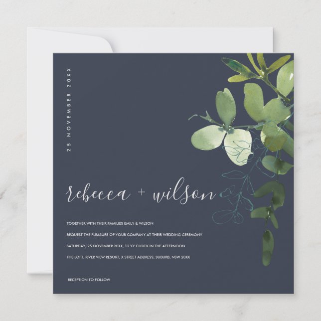 NAVY GREEN EUCALYPTUS FOLIAGE WATERCOLOR WEDDING INVITATION (Front)