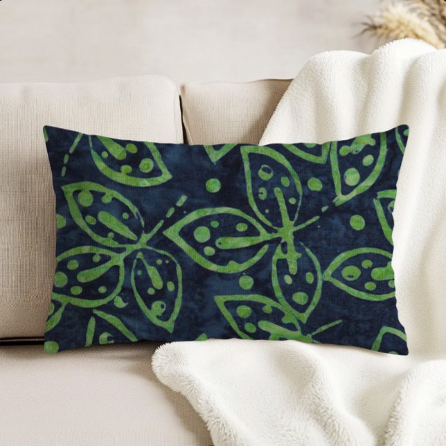 Navy Green Foliage Boho Batik Look Accent Pillow (Creator Uploaded)