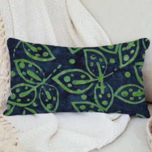Navy Green Foliage Boho Batik Look Lumbar Pillow