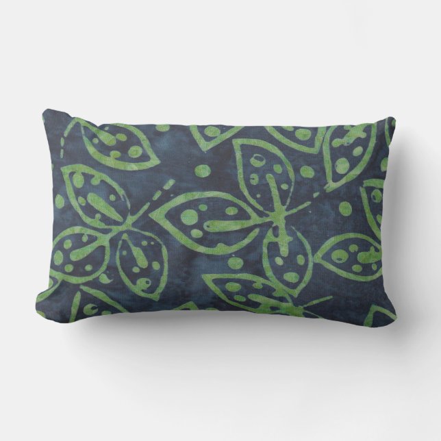 Navy Green Foliage Boho Batik Look Outdoor Lumbar Pillow (Front)
