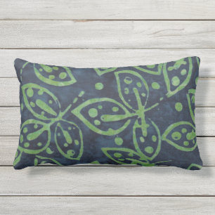 Navy Green Foliage Boho Batik Look Outdoor Lumbar Pillow